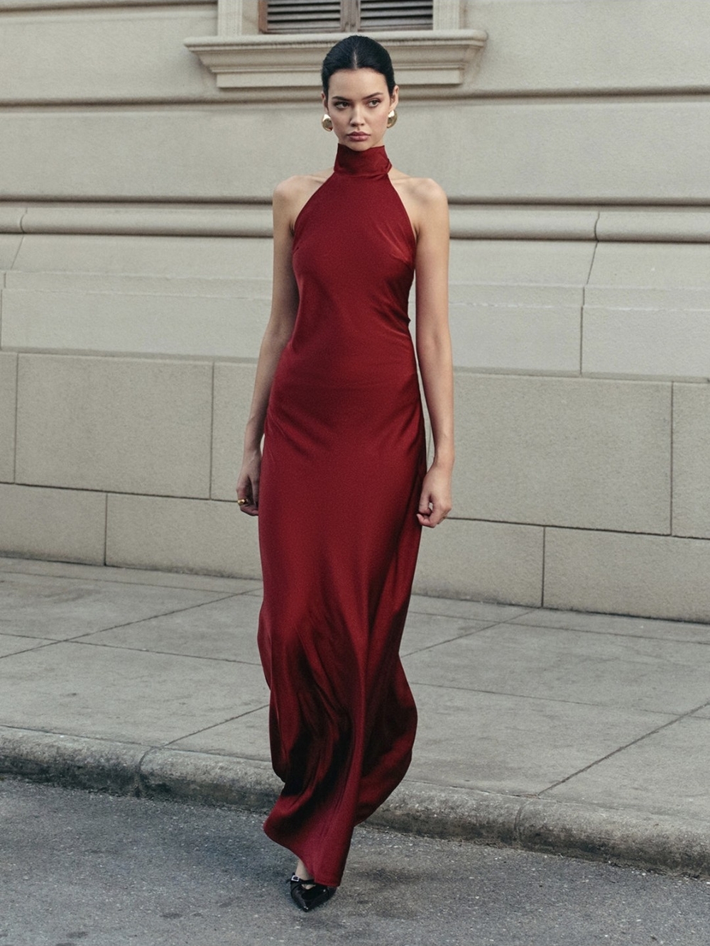 Commense Burgundy High-Neck Maxi Dress